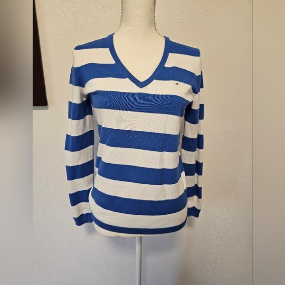 Tommy Hilfiger Blue and White Striped V-Neck Sweater Women's Size Small - Picture 2 of 10
